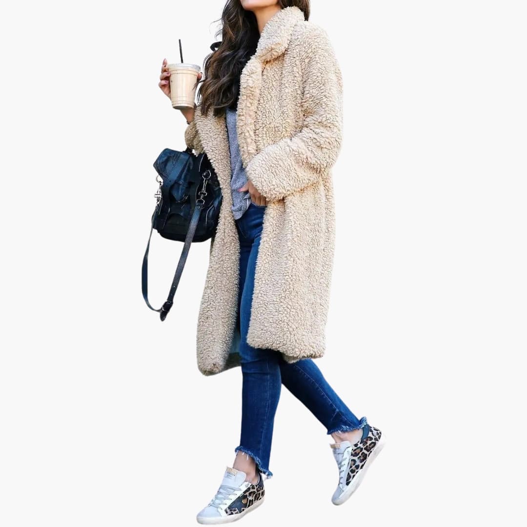 Elegant Women's Long Teddy Coat with Wide Collar for Stylish Layering